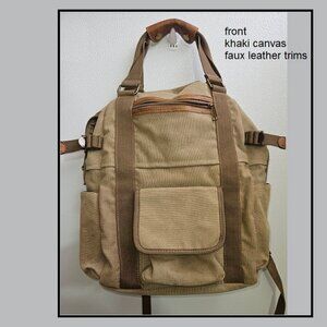 Canvas Rugged Backpack Beige Taupe Khaki  backpack top handle faux leather trim